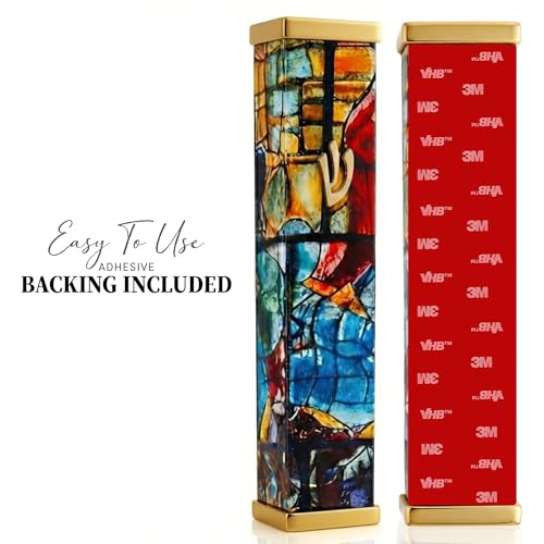 Image of SURI Mezuzah with Scroll for Door | 5 Inch Modern Aluminum Mezuzah Case | Fits 4 Inch Scroll | Gold & Silver Chagall-Inspired Design | Self Adhesive Easy Install | Judaica Jewish Gift