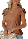 Dokotoo Womens Tops V Neck Flowy Ruffle T Shirts Solid Color Basic Knit Ribbed Women's Clothing Cute Ladies Top 2026 Spring Summer Business Casual Shirts for Women,Brown X-Large