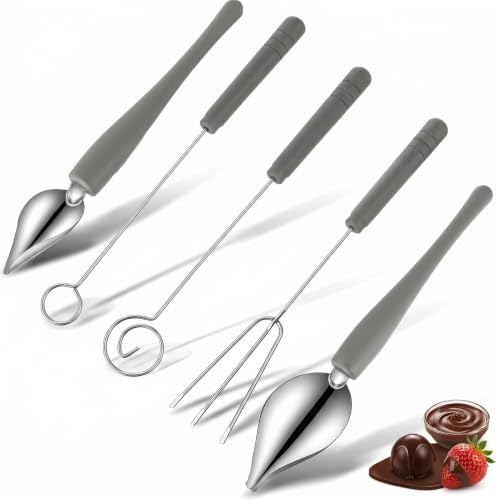 5 Piece Chocolate Dipping Tool Set, Stainless Steel Candy Dipping Forks and Decorating Spoons, Candy Making Supplies for Chocolate, Cake Pops, Fruit, Dessert Drizzling and Decorative Plating