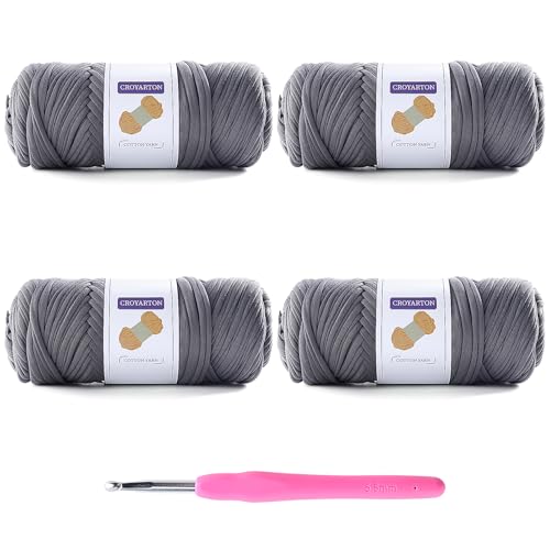 4 Pack Tshirt Yarn for Crocheting, Elastic T Shirt Spaghetti Thick Knitting Yarn Total Length 260 Yds for Crochet Bag Baskets Home Decor with 1 Crochet Hook (4-Dark Gray)