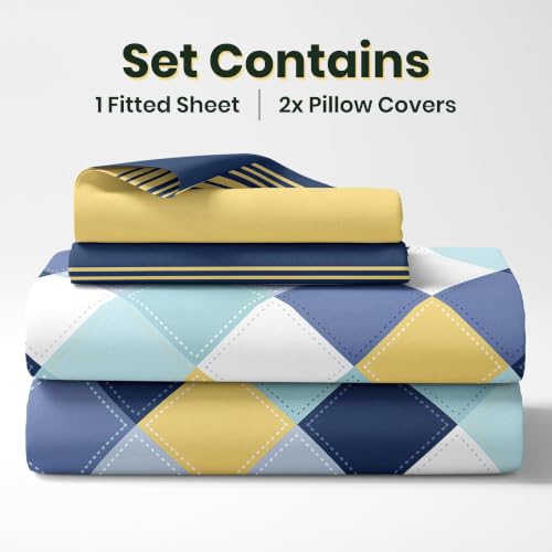 Image of LORETO - A QUALITY LINEN BRAND 144 TC 100% Pure Cotton King Size Fitted Bedsheet with 2 Pillow Covers for 72 x 72 Inch Mattress, All-Around Elastic, 8 Inch Deep Pocket, Vivid Blue and Yellow Checkered