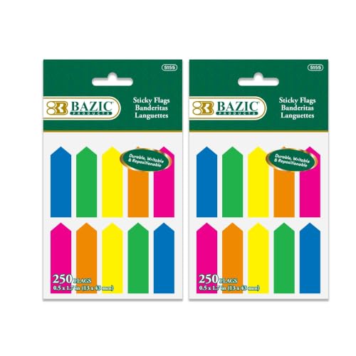 BAZIC Products 25 Count 0.5in x 1.7in Neon Color Arrow Flags, 10 Count, for Office School Home, 2 Pack
