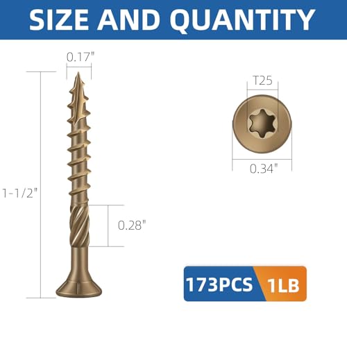 Image of #8 x 1-1 /2 inch Heavy-Duty Deck Screws - Bronze Long Outdoor Wood Screws, Torx Drive with T25 Bit, Rust Resistant for Wood Decking and Fence (1lb,173Pcs)