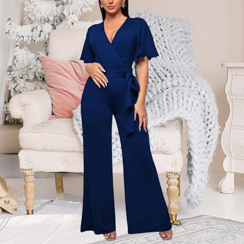 Image of PaladMom Womens Elegant Plus Size Jumpsuits Sexy Back zipper Short Sleeve Mid Waist Wide Leg Straight Rompers