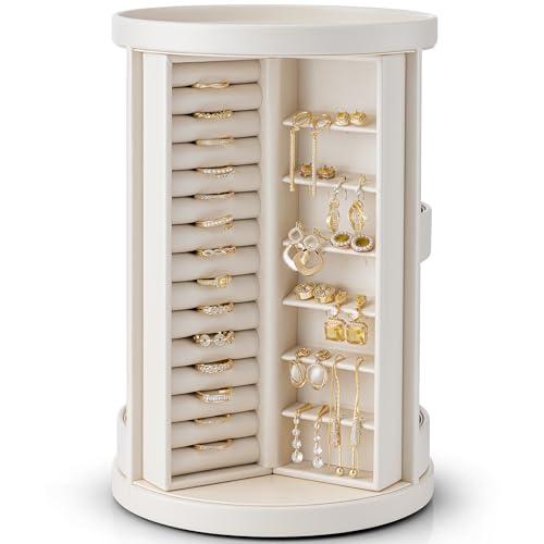 Vlando Jewelry Box 360°Rotating,Spacious Vertical Jewelry Organizer with 6 Necklace Hooks,Open Jewelry Storage for Earrings,Bracelets,Rings,Gift for Women - Light Pink