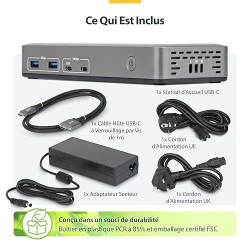 StarTech.com Station d'Accueil USB C à Deux Écrans HDMI 4K 60Hz Recharge d'Ordinateur Portable 1 GbE Sans Pilote Sta - vue 7