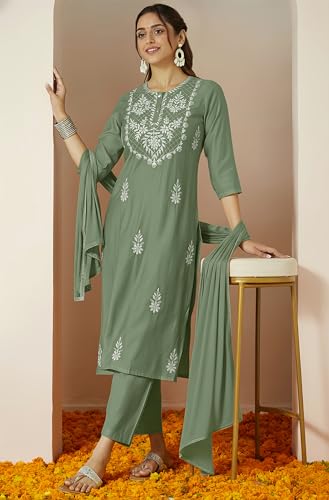 Image of Janasya Women's Silk Blend Embroidered Straight Kurta Set