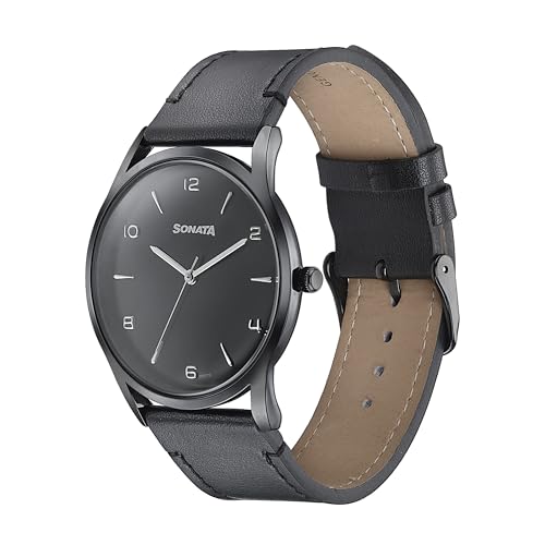 Image of Sonata Quartz Analog Black Dial Black Leather Strap Watch for Men