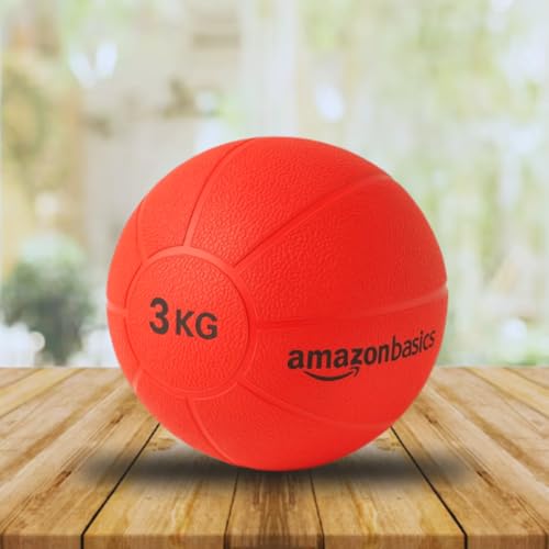 Image of Amazon Basics Rubber Medicine Ball | 3 Kg | for Strength Training, Core Workouts, Endurance Training | Non-Slip Surface | Red