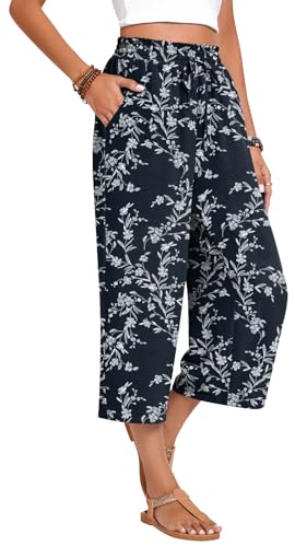 Image of Anyhold Women's Capri Pants Drawstring Casual Palazzo Trousers with Pockets Loose High Waisted Wide Leg Lounge Pants
