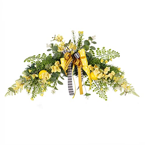 24in Artificial Flower Swag with Lemon, Spring Lemon Fruit Garland Rustic Decorative Swag Farmhouse Floral Garland with Large Bow for Wedding Arch Front Door Wall Home Decor(Yellow)