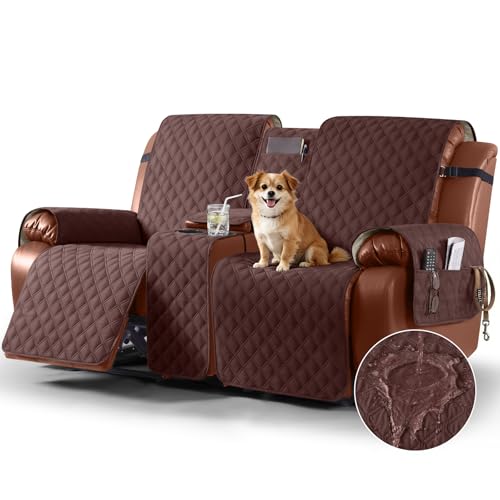 Image of Ruaozz Waterproof Loveseat Recliner Cover with Console Non-Slip Reclining Couch Covers Split Sofa Slipcovers with Elastic Straps Furniture Protector for Kids, Dogs, Pets (Coffee, 2 Seater)