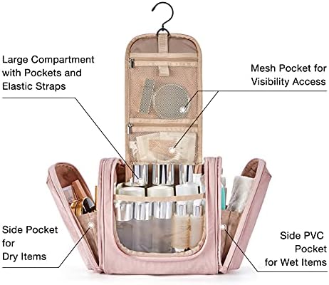 BAGSMART Hanging Toiletry Bag Travel Large Wash Bag Waterproof Cosmetic Bag Makeup Organizer for Women and MenPink