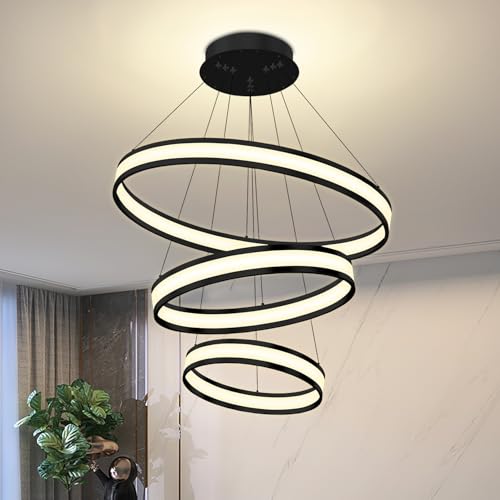 IDEQUY Modern Led Ring Chandelier, Dimmable LED Acrylic Pendant Lighting, Adjustable Black Chandelier for Dining Living Room Bedroom Kitchen (3 Rings, 90W, Φ31.5+23.6"+15.7'') by IDEQUY - Image 9