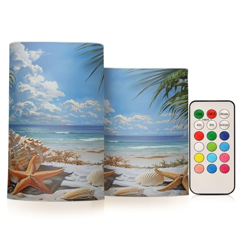 Image of Flickering Flameless Candles, Starfish Seashell Beach Palm LED Candles with Remote Timer, Set of 2 Battery Operated Candle for Valentine Wedding Birthday