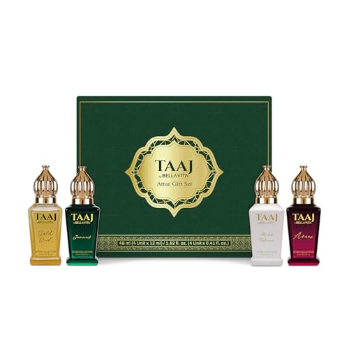Image of BELLAVITA Taaj Attar | Long Lasting Unisex Gift Set for Man and Woman 4x12ml | Caramel, Lemon, Cinnamon, and Musk | Non-Alcoholic Roll On | Oud, Floral, Musk | Attar for Men and Women
