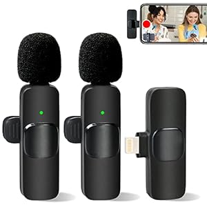 Wireless Lavalier Lapel Microphone for iPhone iPad Professional Clip Mic – Cordless Omnidirectional Condenser Recording with 2 Microphones Interview Video Podcast Vlog YouTube