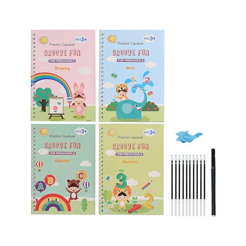 マジック練習用コピーブック、マジック溝付き練習用コピーブック 4/5パック ペン付き、再利用可能な溝付き手書きワークブック、マジック手書きワークブック 数字文字トレース 3〜5歳の子供向け (B)