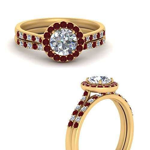 Image of Choose Your Gemstone Round Halo Ring with Matching Pave Band Yellow Gold Plated Round Shape Wedding Ring Sets Everyday Jewelry Wedding Jewelry Handmade Gifts for Wife US Size 4 to 12