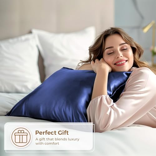 Image of Craftelio Satin Pillow Covers Set of 2 with 3 Free Random Color Hair Scrunchies - Anti-Frizz, Skin-Friendly, Soft & Durable Pillowcase Set for All Hair Types (Navyblue)