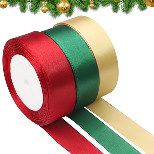 Cinta de Satén para Manualidades Navideñas - 3 Rollos 2.5cm x 22m Cintas de Raso Navideña, Cinta Navidad Decorativa para Envolver Regalos, Decoraciones de Navidad (Rojo, Verde, Dorado)