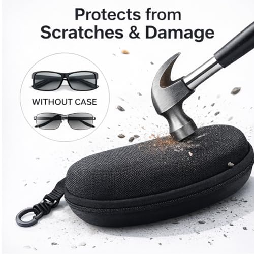 Image of Sunglasses Case Hard Shell with Zip & Hook Clip | EVA Shockproof Eyeglass Case Box | Portable Spectacle Cover for Men Women | Travel Glasses Storage Protector.