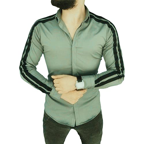 Men's Long Sleeve Striped Dress Shirts Patchwork Casual Button Down Shirts Slim Fit Turn-Down Collar Shirt Top (Grey,Large)