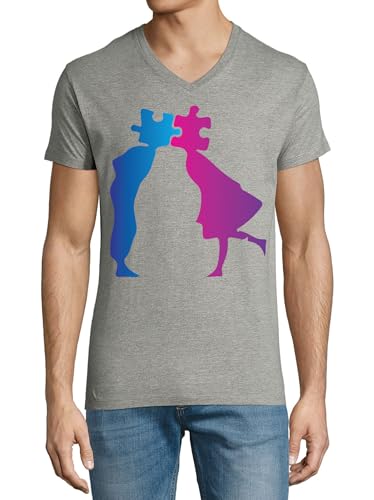 T-shirt col en V Kissing Jigsaw Puzzle en coton gris pour homme