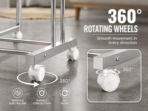 Image of KITCHIVO 3 Tier Rolling Clothes Drying Rack with Wheels, Stainless Steel Laundry Organizer and Garment Dryer Stand for Home, Balcony and Utility Room (3-Tier S.S)