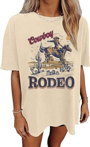 Women's Western Cowboy Shirts Vintage Rodeo Graphic Oversized Tops Country Music Tees Short Sleeve Cowgirl T-Shirt