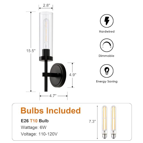 Image of SANTOSTOCK Black Wall Sconces Set of Two, Hardwired Bathroom Vanity Sconces Wall Lighting with Clear Glass Shade, Modern Farmhouse Wall Mount Lights for Mirror Bedroom Living Room Hallway Entryway