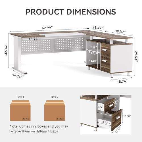 image for LITTLE TREE Large Computer Desk with File Cabinet, 63 Inch Executive D