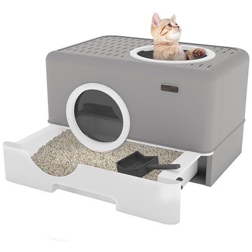 YITAHOME Katzenklo mit Deckel Großes Geruchloses Katzentoilette Hop In mit Herausziehbarer Schublade und Abfallschaufel (Grau)