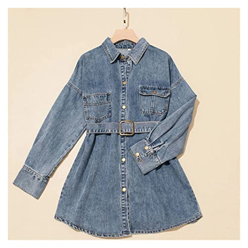 SDFGH Chaquetas de mezclilla Abrigo de mujer Abrigo de la mujer Chaquetas de mezclilla for pantalones vaqueros Sencillo de una sola pechuga de mezclilla Cinturón Ropa femenina (Color : Blu, Size : S