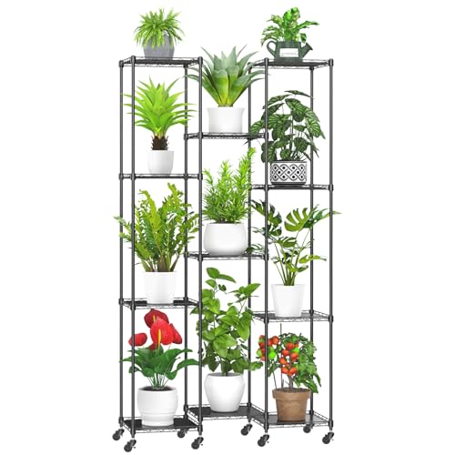Abimars 74'' Tall Plant Stand with Wheels, Shelf Height Adjustable Metal Plant Shelf for 11 Potted Plants, DIY Assembly Indoor & Outdoor Plant Display Rack