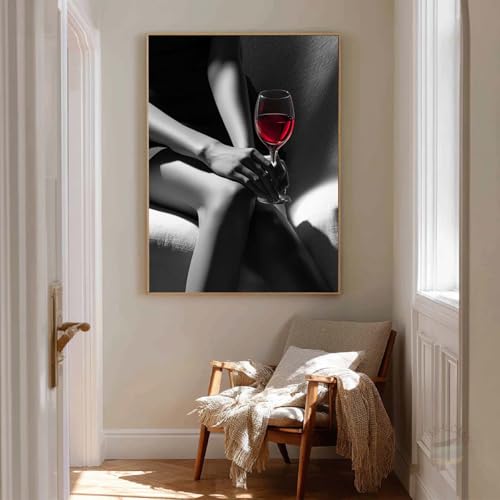 MHLCMG Femme Verre à Vin Noir Blanc Jambe Sexy Affiche Impression sur Toile Tableau Art Peintures Murale pour Salon Chambre Tableau Decoration (50X70CM,B-Sans...