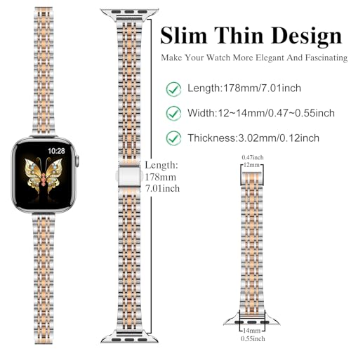 Image of MioHHR Slim Metal Band Compatible with Apple Watch Bands 49 /46 /45 /44 /42mm | Thin Luxury Stainless Steel iWatch Bands Ultra 3 /2 /1 Series 11 /10 /9 /8 /7 /6 /5 /4 /3 /2 /1 /SE3 /SE2 /SE for Women,Silver /Rose Gold