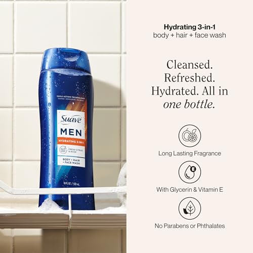 Suave Men Hydrating 3-in-1 Body + Hair + Face Wash with Glycerin & Vitamin E, Cleanse, Moisturize, Refresh, No Parabens or Pthalatates, Long-Lasting Fragrance, 18 FL OZ, 6 Count Alternate view