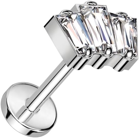 Pierced Owl 18GA F136 Implant Grade Titanium Triple CZ Crystal Baguette Threadless Push-In Labret Stud