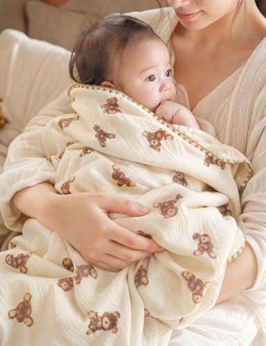 Image of Baby Blanket 40x40 Inches,Muslin Cotton and Minky Dotted Double Layer Soft Receiving Blanket for Newborn Toddler,Cuddle Bear
