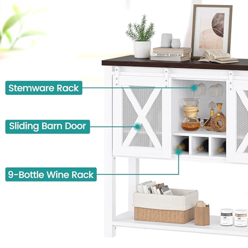 Image of Farmhouse Coffee Bar Cabinet with Storage, Sliding Barn Door Sideboard Buffet, Wine Bottle & Glass Storage Cabinet for Kitchen, Dining Room & Living Room,White