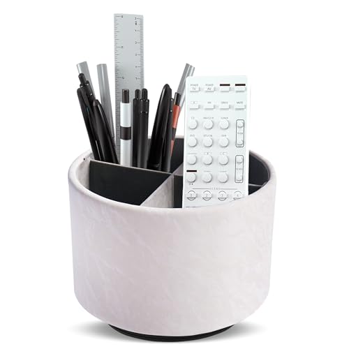 Hennaja Round Leather Art Supply Organizer,Remote Control Holder,360 Degree Spinning,Multi-Functional Pencil Holder,4 Compartments Desktop Stationary Organizer(1-Hill White)