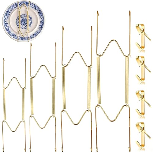 4 PCS Plate Hangers for Walls Plate Holder for Wall - W Shaped Spring Hook Wall Plate Hangers (6/8/10/12 Inch) with 4 Decorative Hooks for Decorative Plates & Art (Gold)