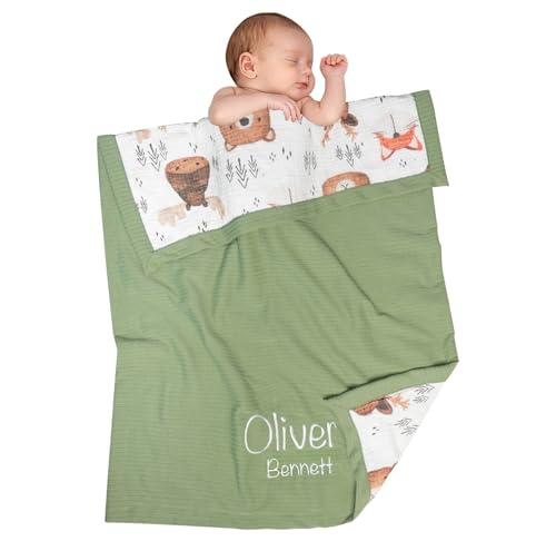 Image of Personalized Baby Blanket with Name - Custom Knit Blanket, 27x40in Embroidered Nursery Blanket for Girls & Boys Woodland- Customized Baby Blanket, Soft Newborn Gift & Custom Baby Gift (Leaf)