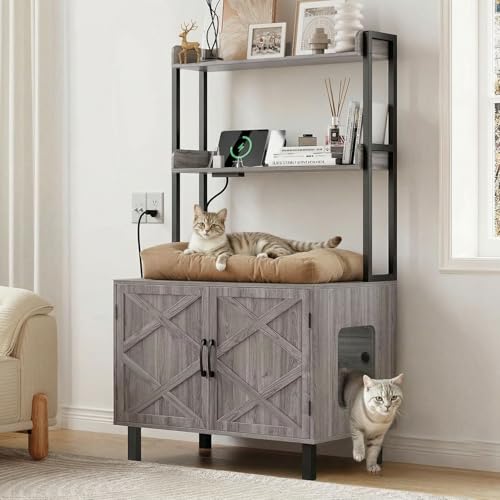Image of ONBRILL 55 Inches Cat Litter Box Enclosure with 2 Storage Shelves, Grey