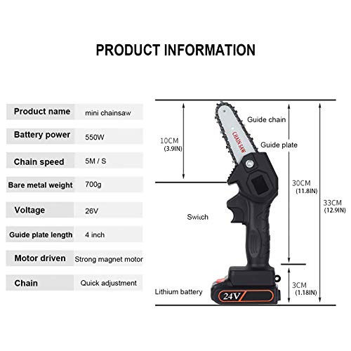Greatby Mini Chainsaw Cordless Electric Handheld Rechargeable Battery Chainsaw 4-Inch 24V Portable One-Hand 0.7kg, Pruning Shears Chainsaw for Tree Branch Wood Cutting (Black)