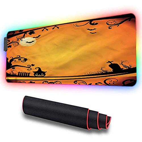 RGB Soft Gaming Mouse Pad Large, Vintage Halloween,Grave and Pumpkin, Non-Slip Rubber Base