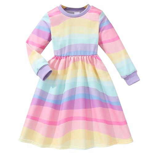 Image of Tkria Toddler Girls Rainbow Dress Striped Fall Dress Cartoon Colourful Long Sleeve Casual Dressy 2-7T