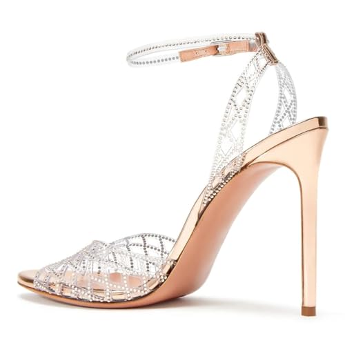 miss left Women Sparkly Rhinestone Open Toe Clear Sandals Stiletto High Heel Ankle Strap Gorgeous Wedding Party Shoes Size 4-16 US3
