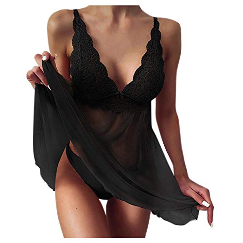 Nuisette satin noir M | Ensemble lingerie sexy et sous-vêtements transparents femmes